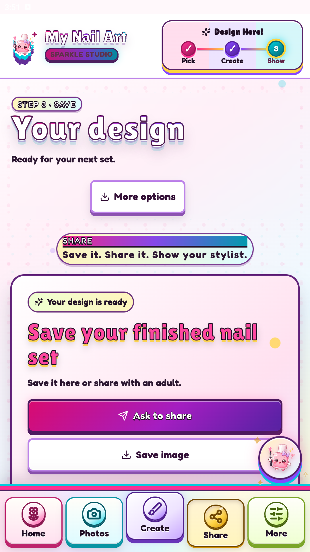My Nail Art save, share, and export options on Android