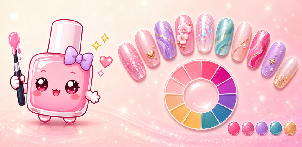 My Nail Art mascot beside colorful nail designs and a color palette